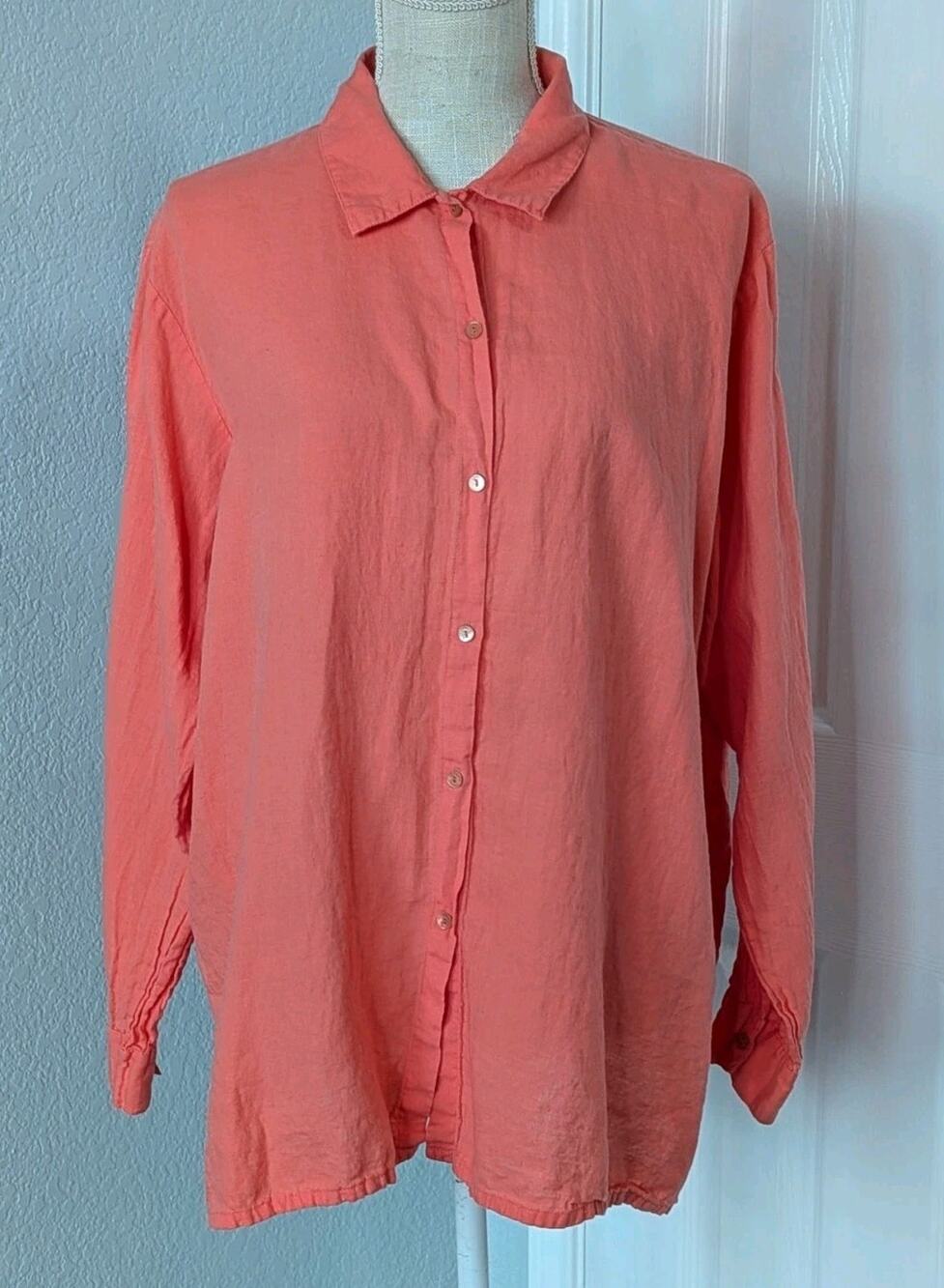 Eileen Fisher Irish Linen Button Shirt Pink LARGE Long Sleeve Lagenlook Coastal